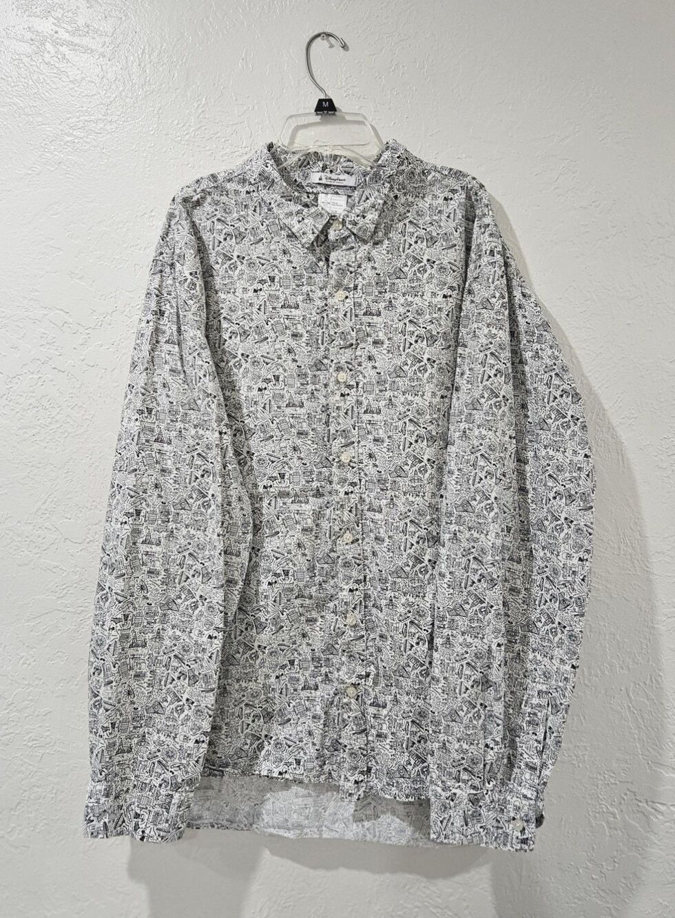 DISNEY PARKS DISNEYLAND ATTRACTION SKETCH WHITE BUTTON UP LONG SLEEVR SHIRT XXL